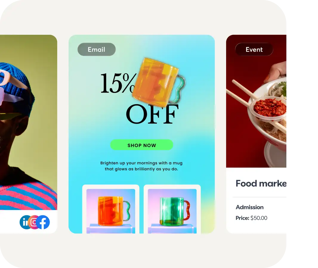 Email promotion featuring 15% off colorful glass mugs with orange and green options displayed against a blue background.