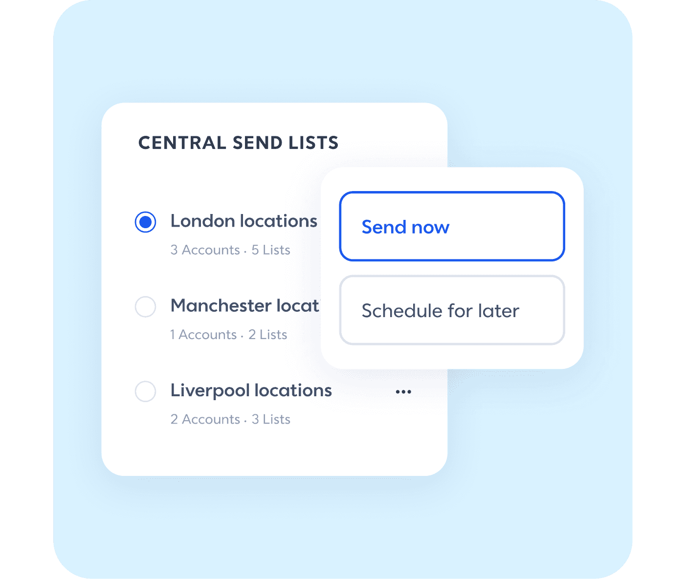 Central send tool with sample lists and send now or later options.