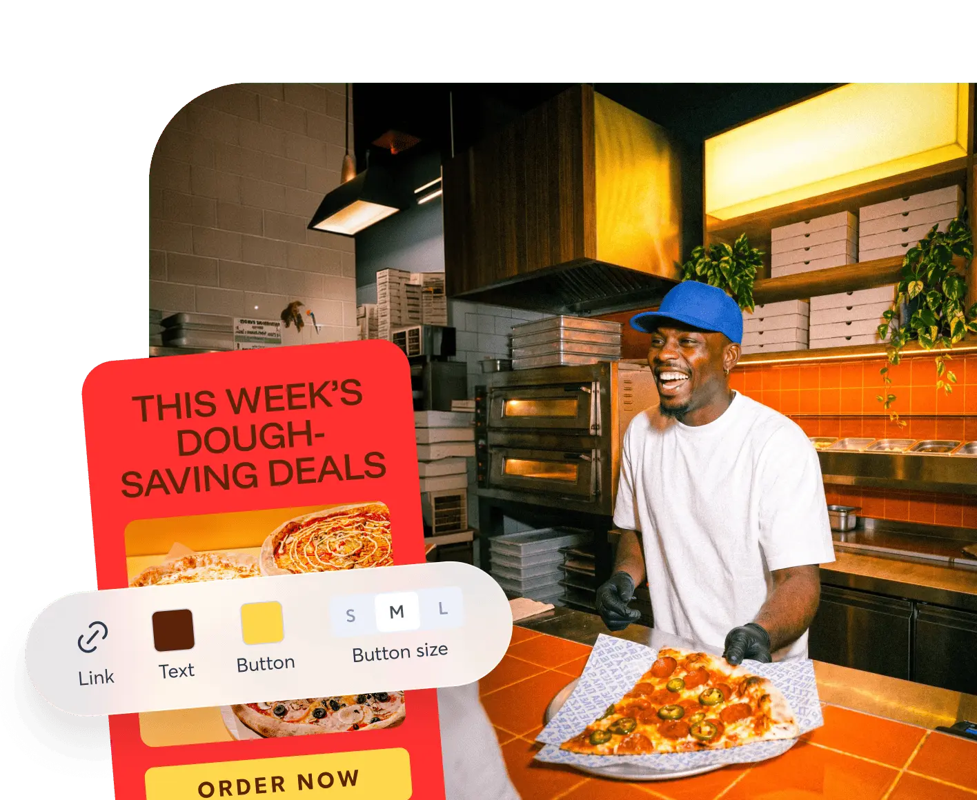 A smiling pizza chef in a blue cap holds a pizza, beside a red promotional graphic reading "This Week's Dough-Saving Deals."