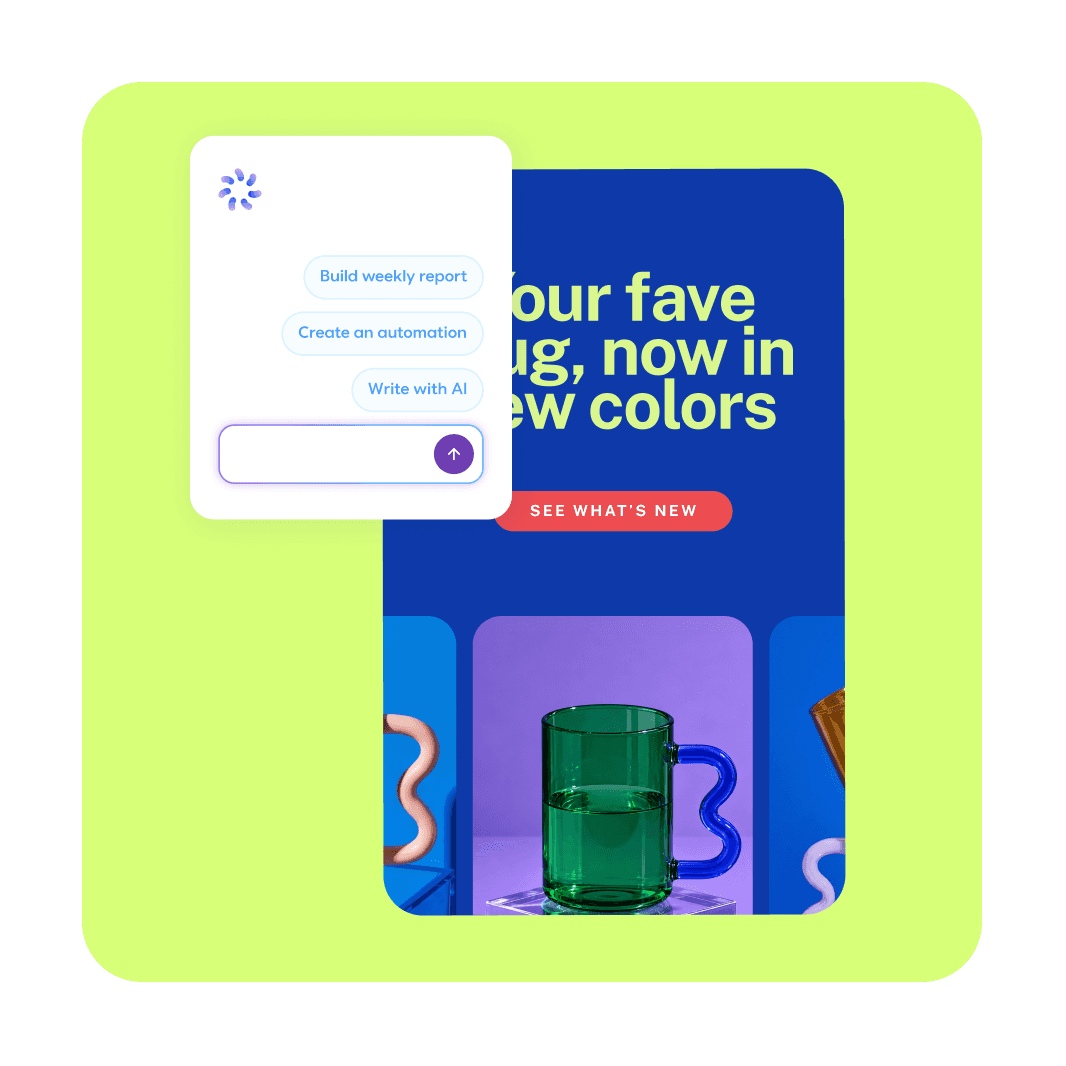AI assistant prompt card with action options floating over a colorful product promotional graphic.
