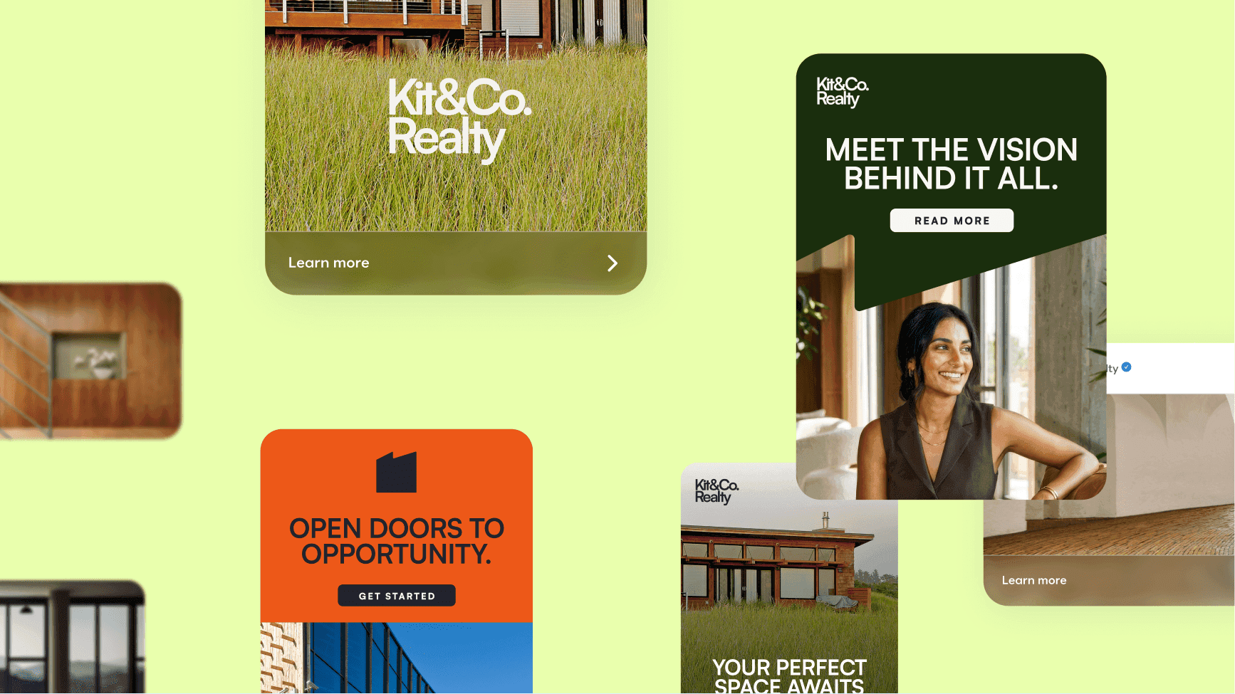 Kit&Co. Realty ad collage featuring a modern home, smiling woman, and bold text on green and orange backgrounds.