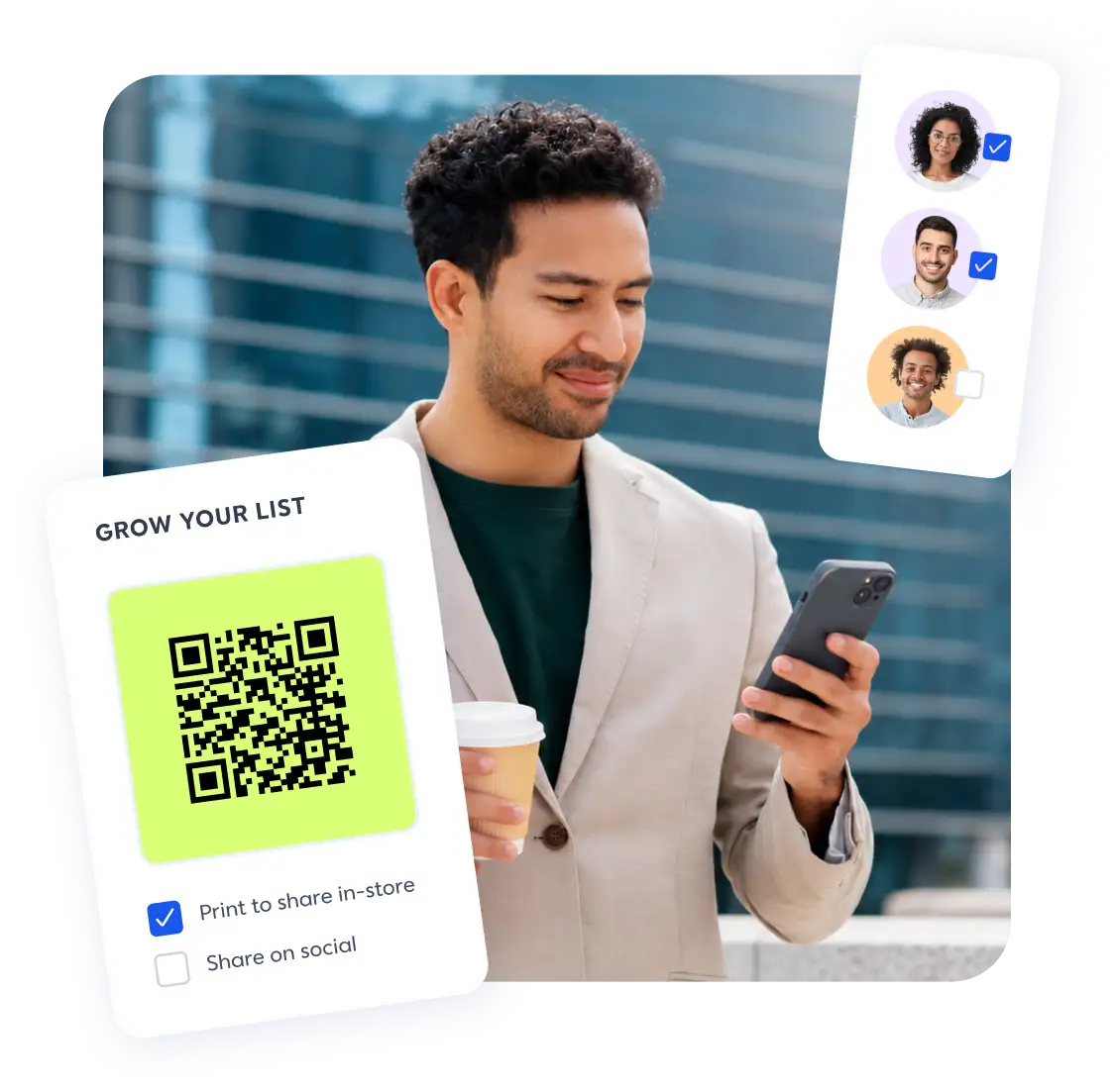 Man in blazer holding coffee and phone, with UI overlays showing a QR code to grow a contact list and user selection options.
