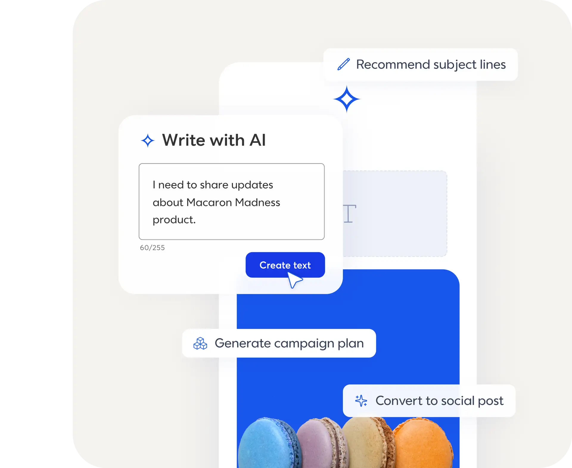 An AI converting a prompt to an SMS campaign and creating a social post