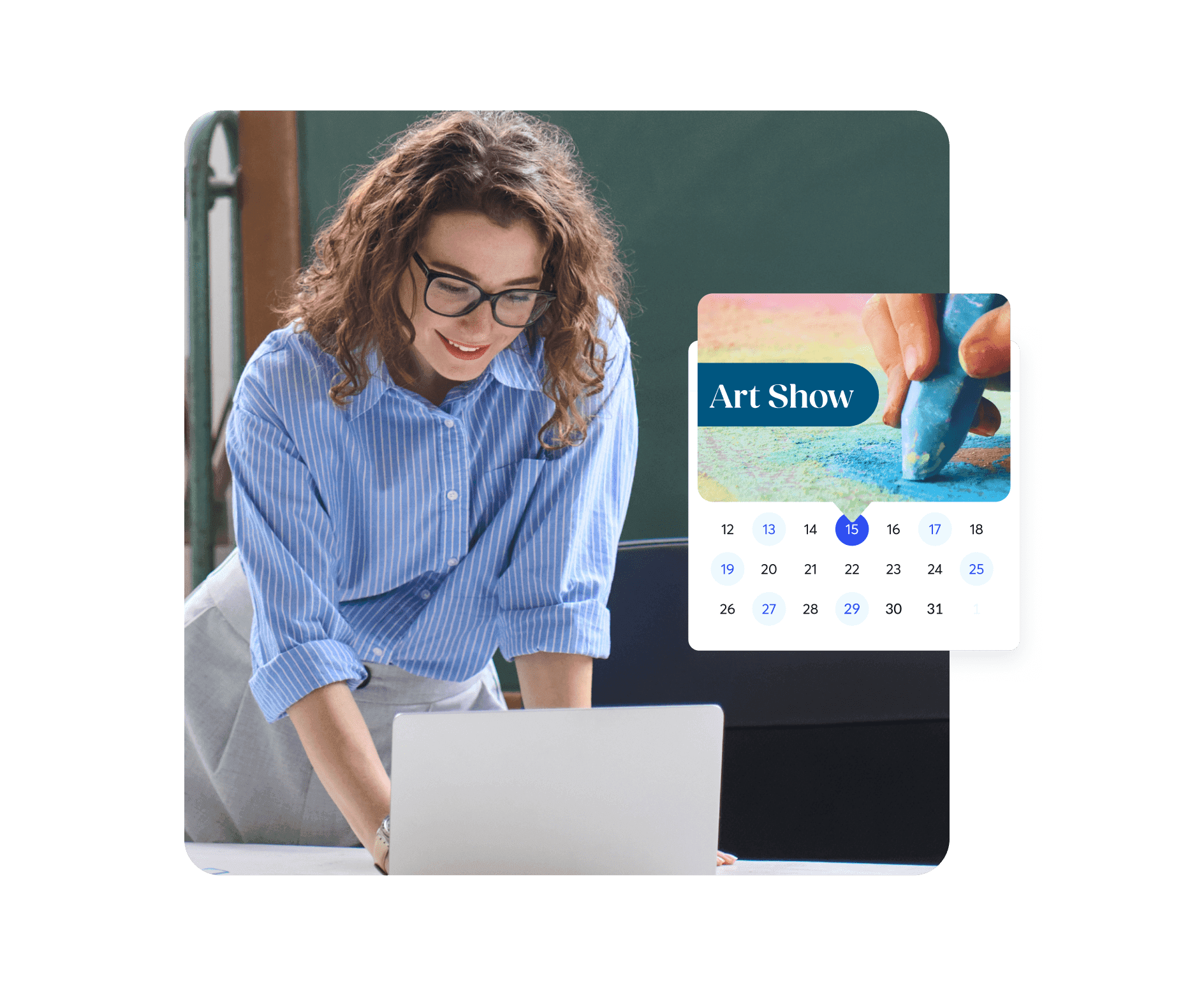 Woman standing over computer scheduling an art show event