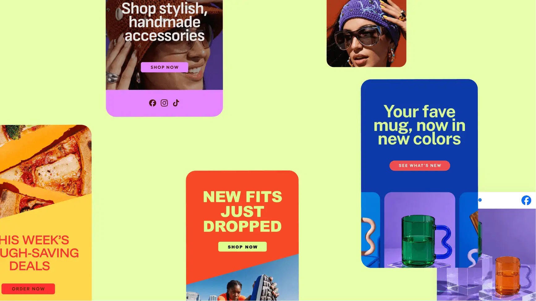 Collage of vibrant marketing cards promoting different products.