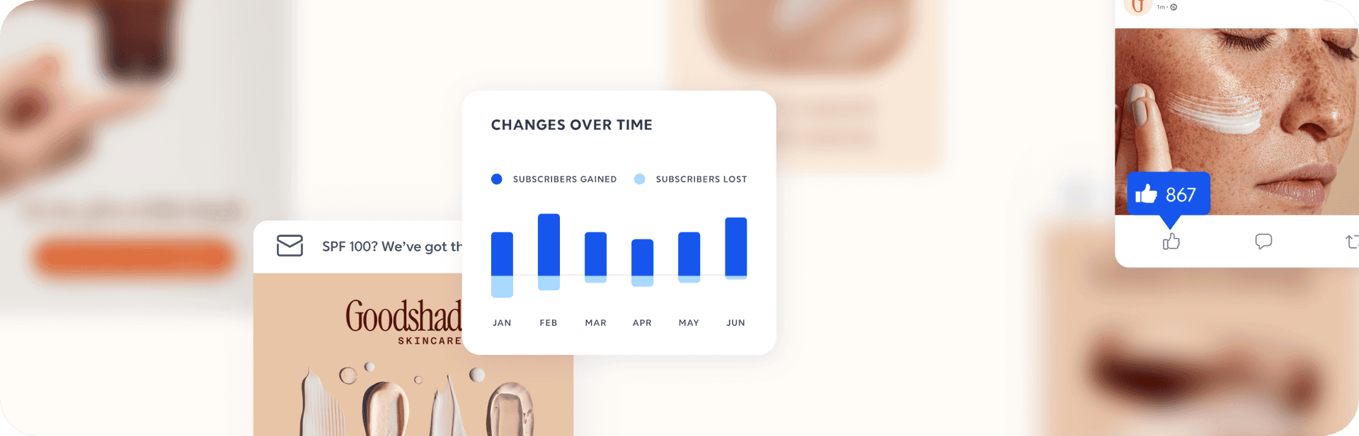 Analytics dashboard showing subscriber changes over time with blue bar graph tracking monthly gains and losses from January to June for Goodshade Skincare.