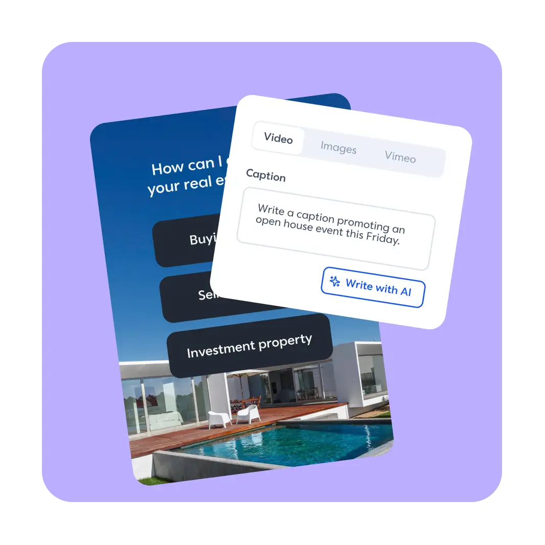 Two overlapping UI cards on a purple background showing a real estate chatbot and an AI caption writer tool.
