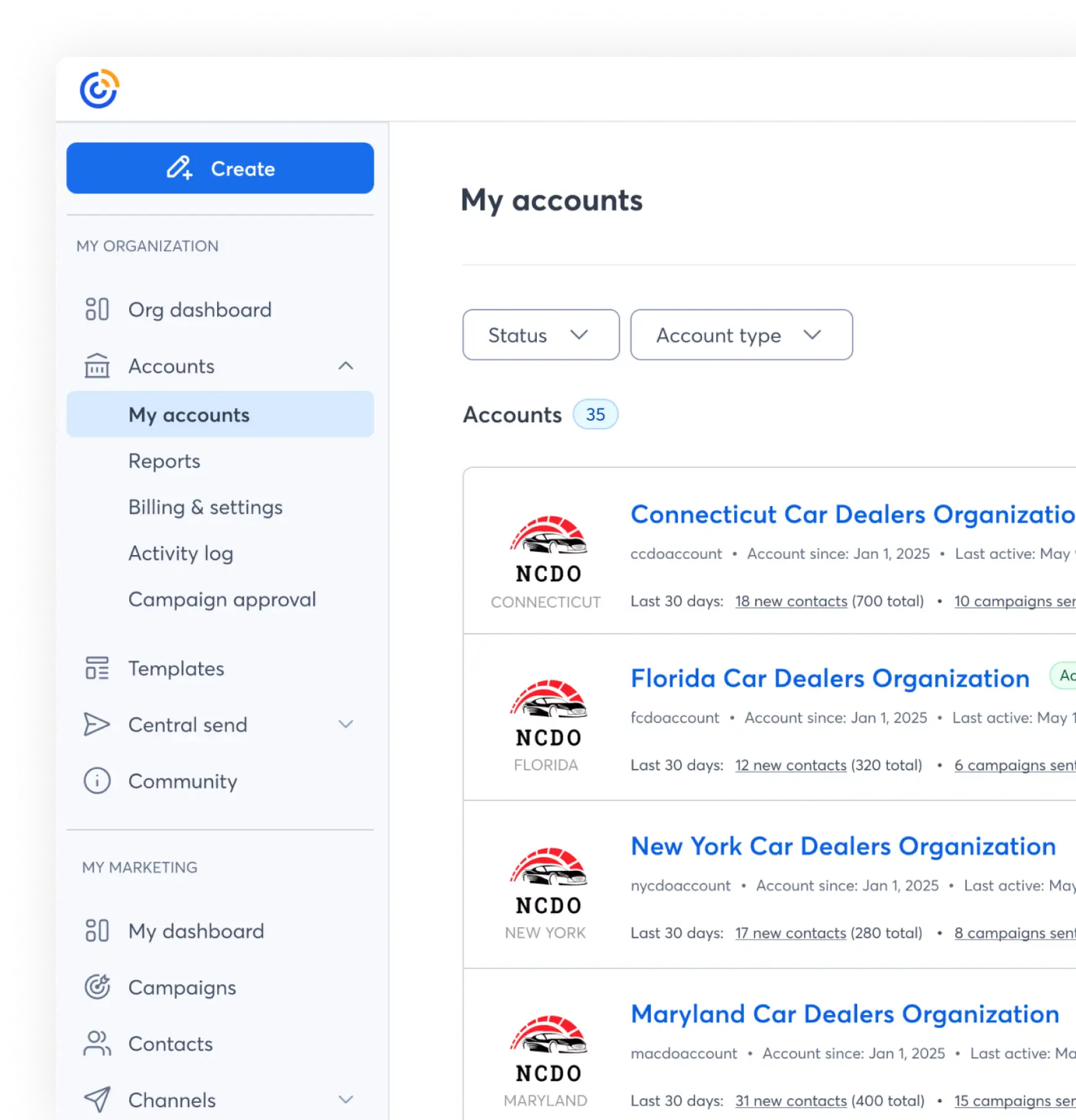Constant Contact product sub-accounts page