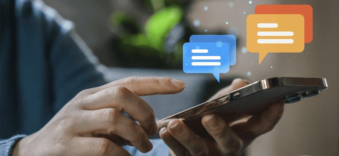 a smartphone in a person's hand with two illustrated text messages