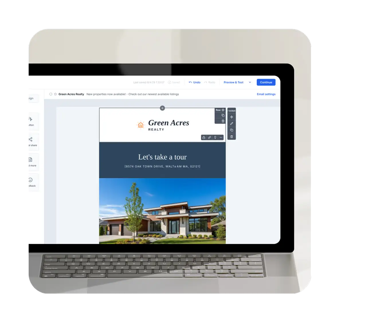 Laptop displaying a Green Acres Realty email campaign with a modern house photo and "Let's take a tour" headline in an email editor.