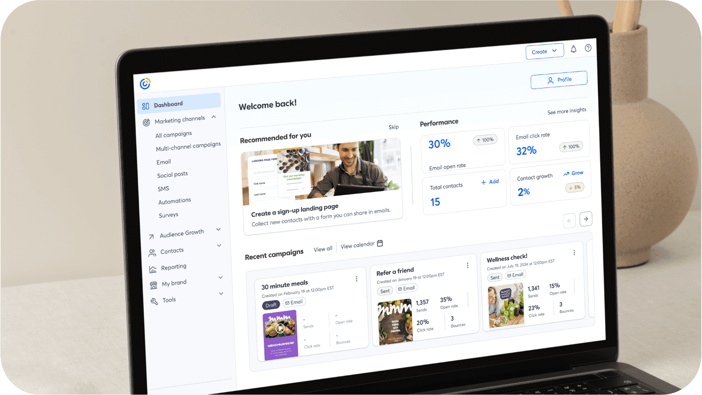 Constant Contact dashboard on laptop screen