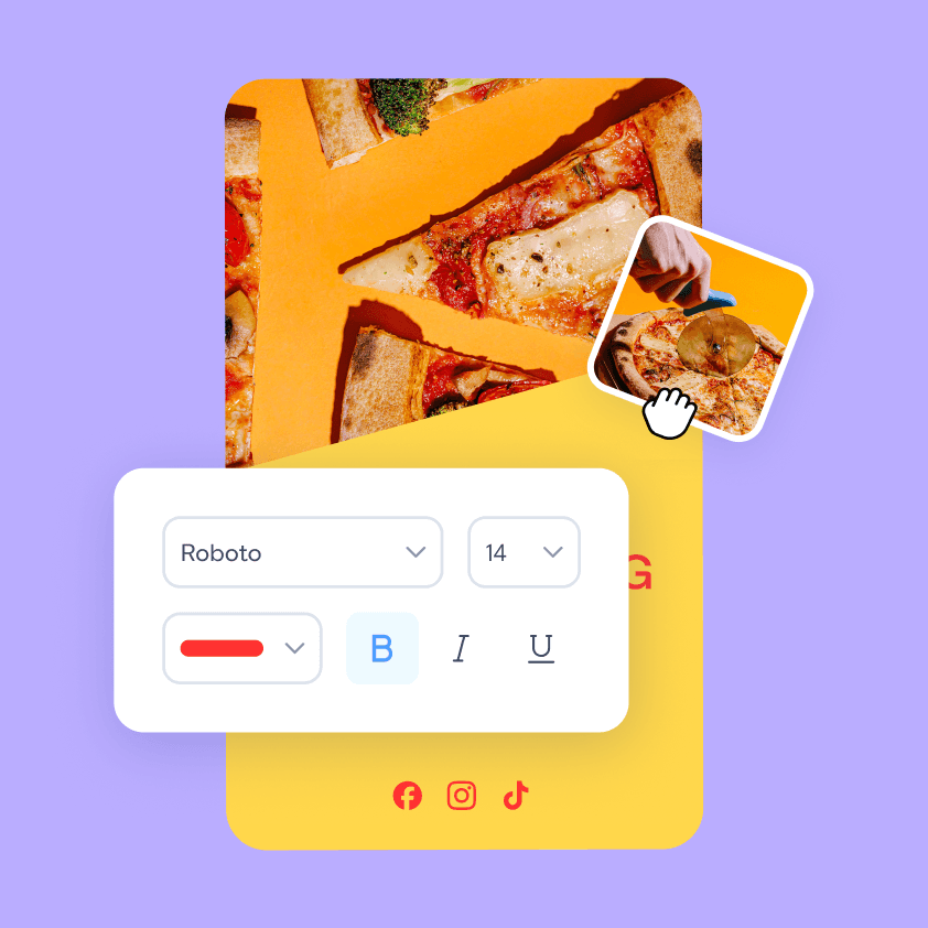 Pizza slices on orange background with a text formatting toolbar and social media icons, shown on a purple UI layout.