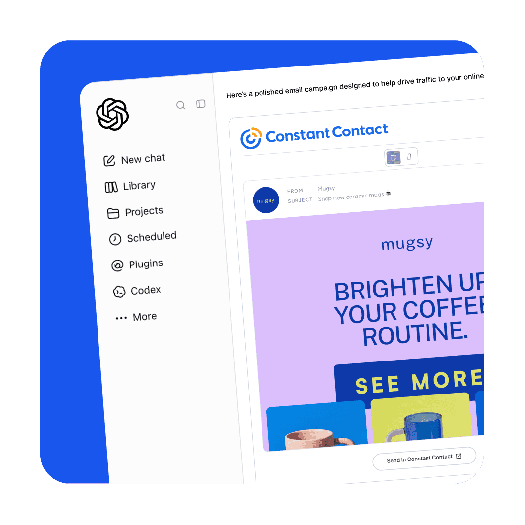 ChatGPT interface showing a Constant Contact email campaign for Mugsy with the headline "Brighten Up Your Coffee Routine."