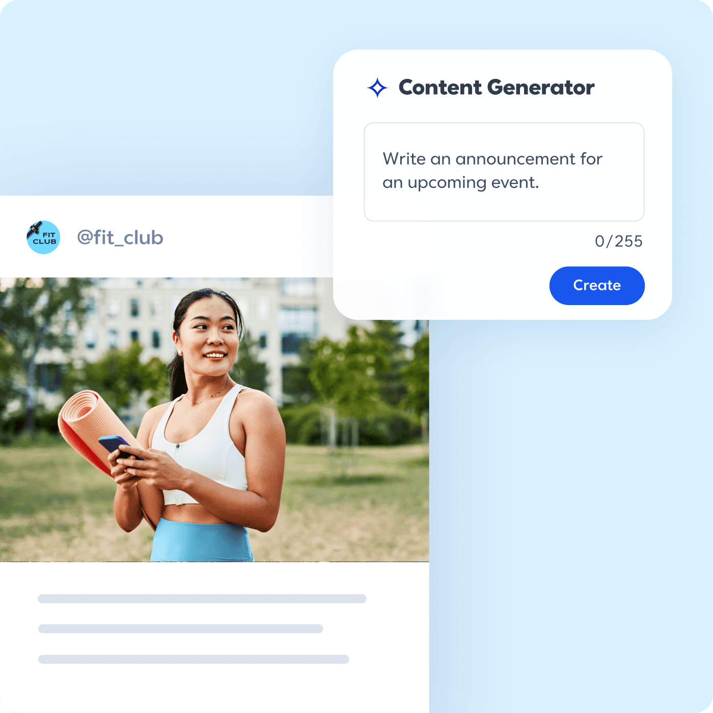 Woman in workout attire holding yoga mat and phone outdoors with content generator interface overlay for Fit Club.