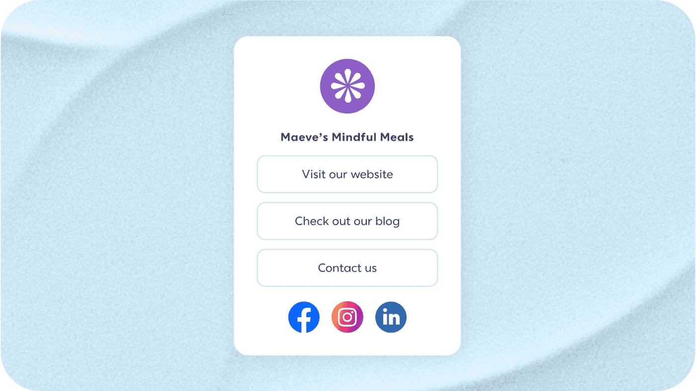 Mauve's Mindful Meals landing page connecting users to the website, social media channels, blog, and contact