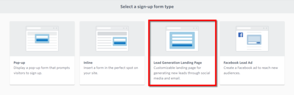 Constant Contact in-product  email list sign up tools - Lead generation Page option