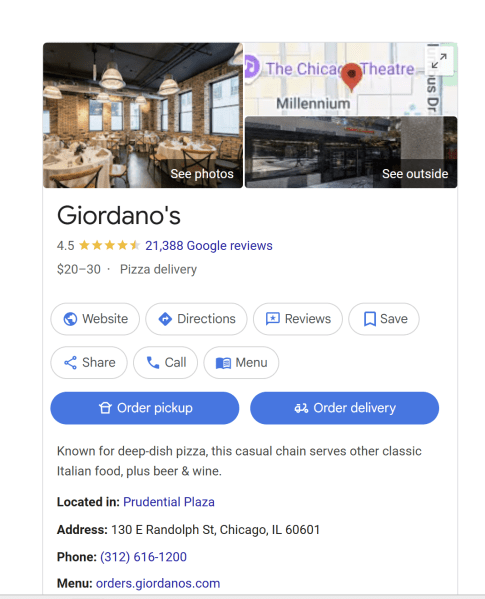 A Google Business Profile for Giordano's, an Italian restaurant in the Chicago, IL, area, helps customers find the business.