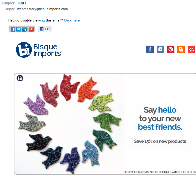 example email subject line from Bisque Imports: "TGIF"