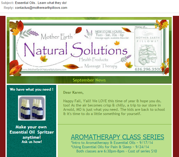 good email subject line example: Essential Oils…Learn what they do!