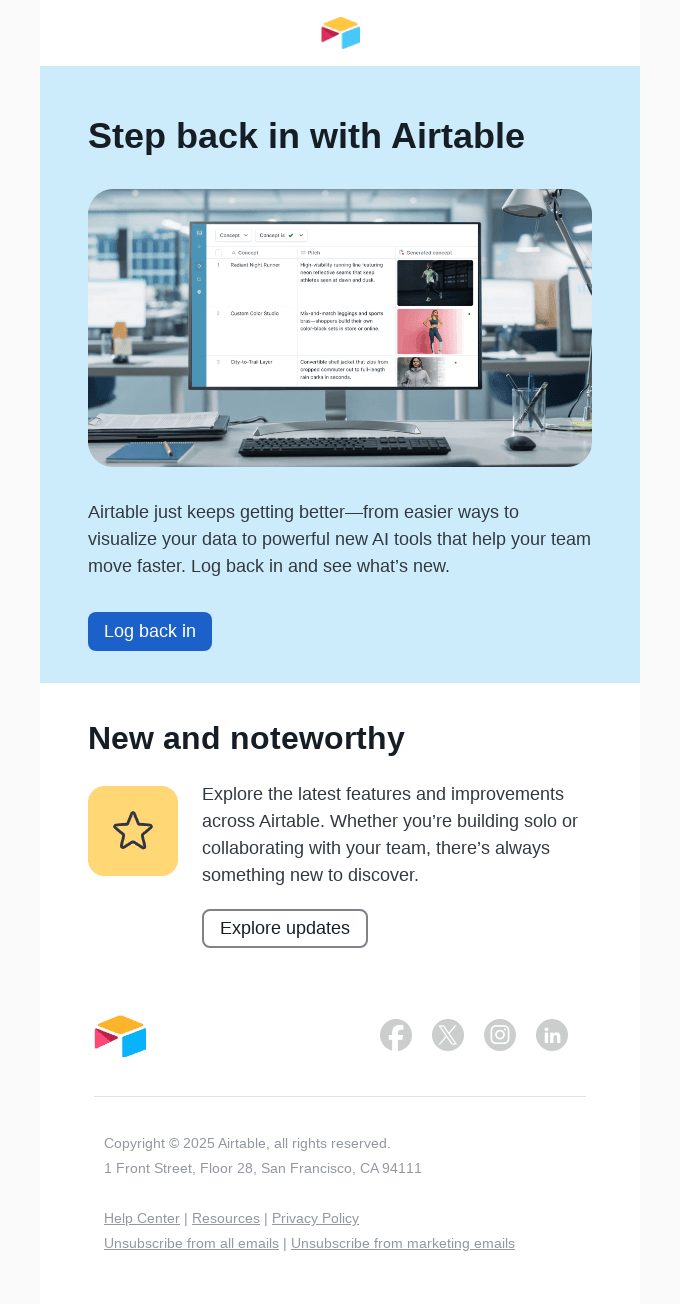 This image is a re-engagement email by Airtable showing a desktop monitor that displays a product management interface. The copy prompts recipients to explore what's new in the platform.