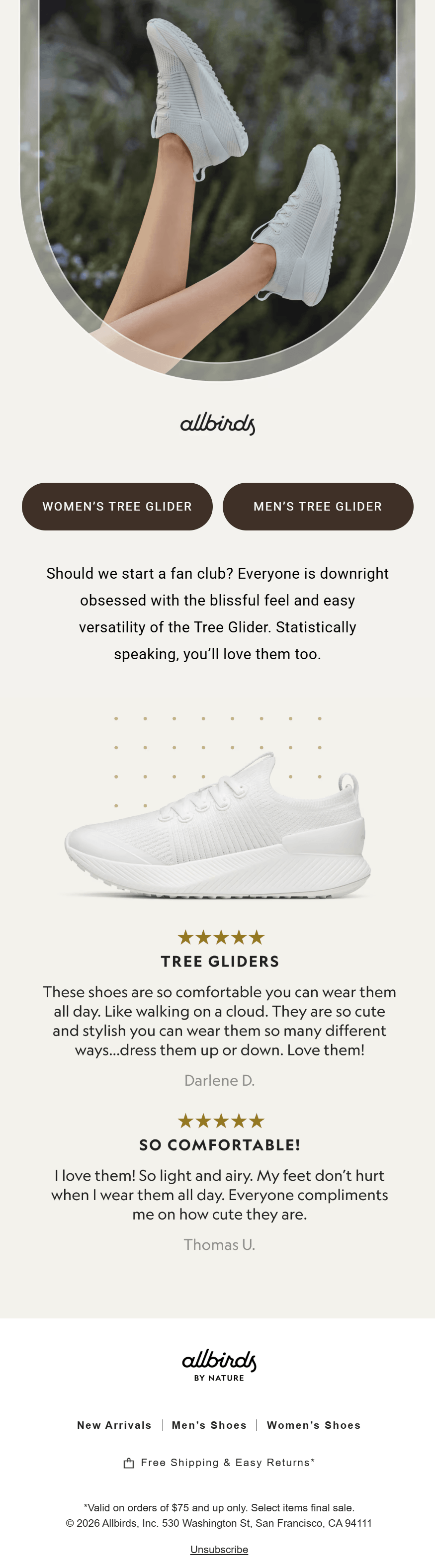 This image is a promotional product email by Allbirds showing a person's legs in the air wearing white knit sneakers and two CTAs prompting subscribers to browse womens' and mens' collections. There's also a side-profile view of a single sneaker and 5-star customer reviews.