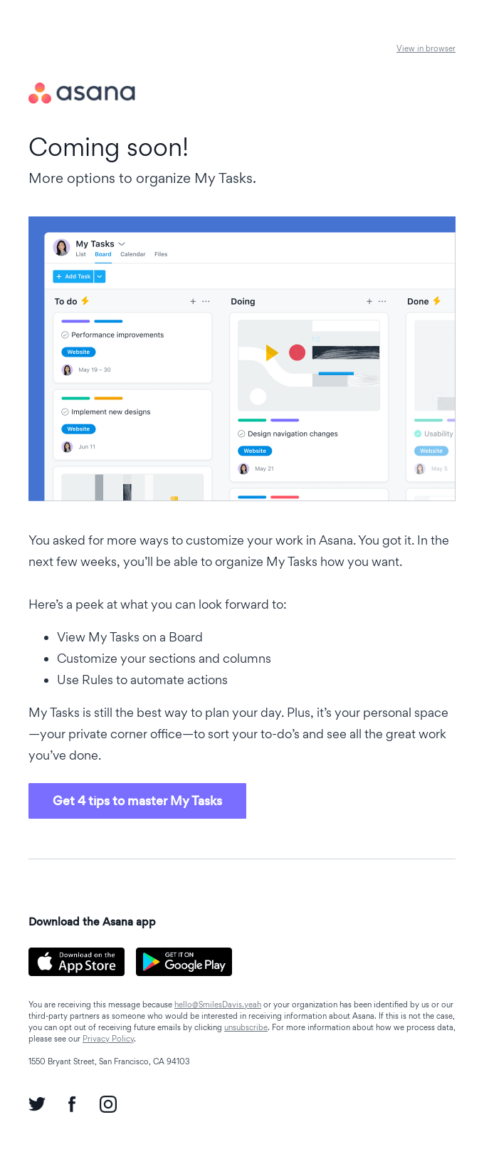 A screenshot of Asana's newsletter showing the user interface with 'My Tasks' feature and what this addition offers.