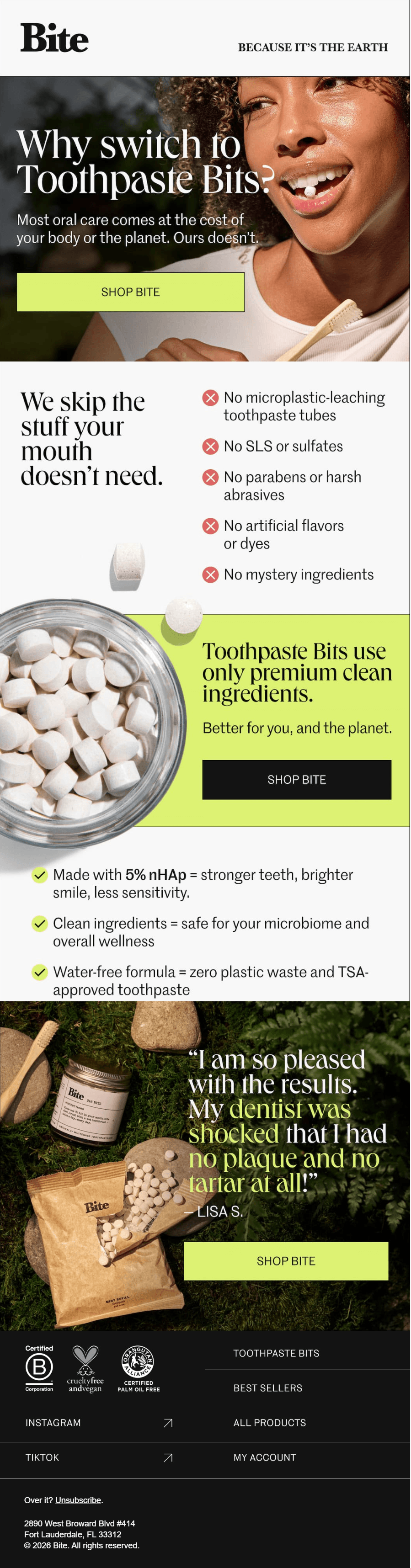 This image shows a woman holding a toothpaste tablet in her mouth, a list of the products' benefits, and a CTA encouraging readers to buy.