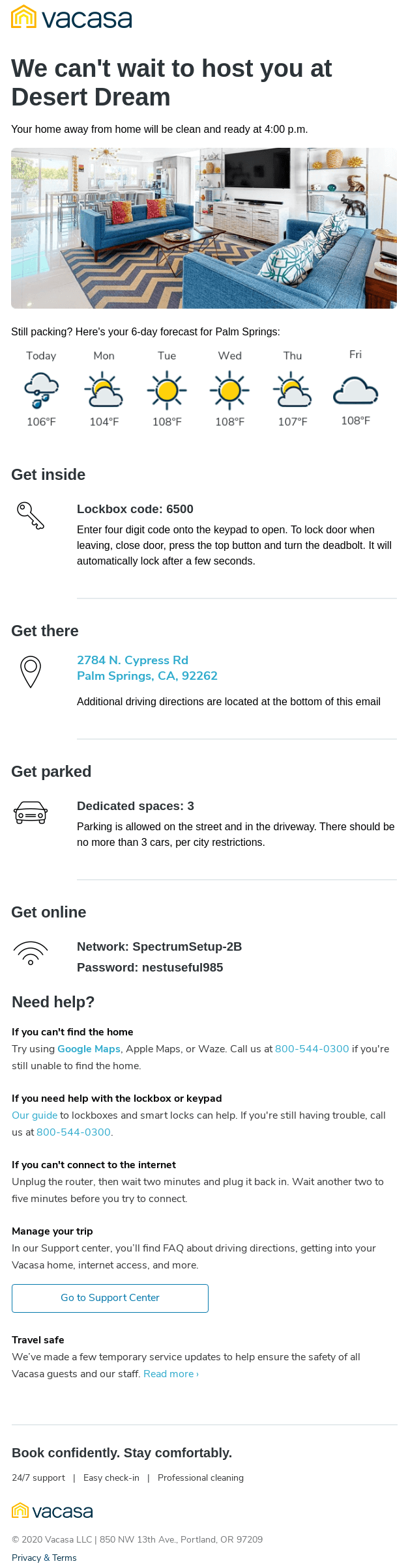 An image of a booking confirmation email example by Vacasa with a bright living room of a rental house and check-in details.