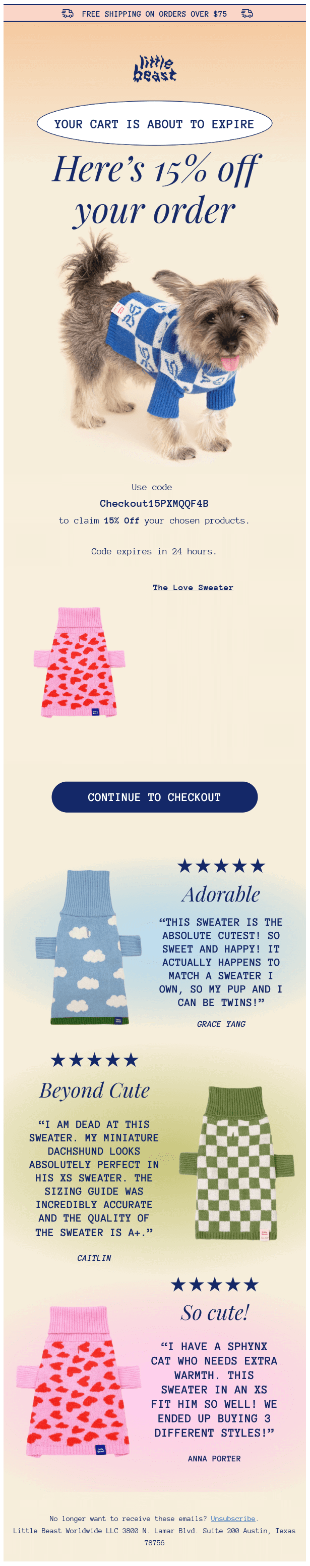 A screenshot of Little Beast's cart abandonment email showing a small dog wearing a blue checkered sweater and several colorful pet sweaters paired with customer reviews.