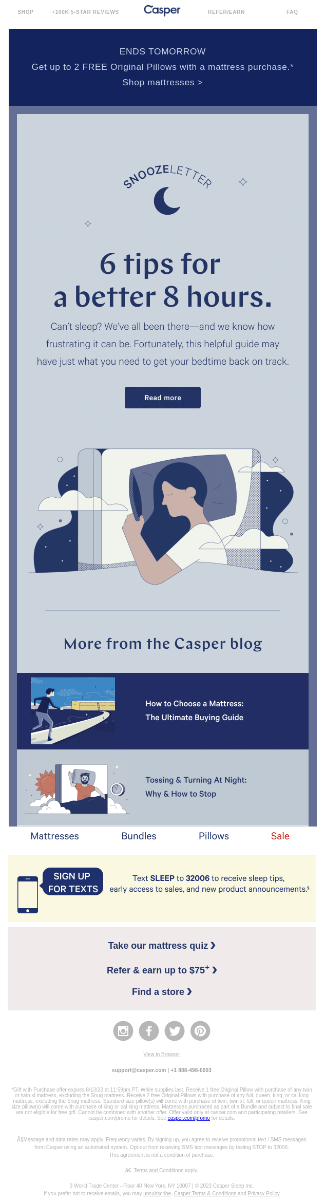 This image is a lead nurturing email example by Casper with a woman sleeping and graphic illustrations for sleep-related blog posts.