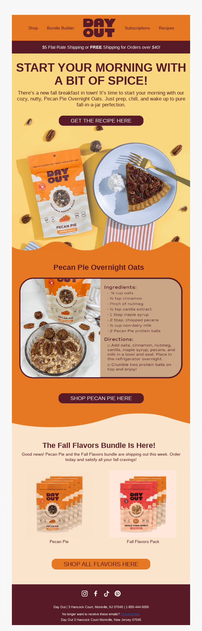 A screenshot of a seasonal email campaign with an overnight oats recipe and an image showing a bag of Pecan Pie protein balls. There are also CTAs to buy the product and other fall-flavored products. 