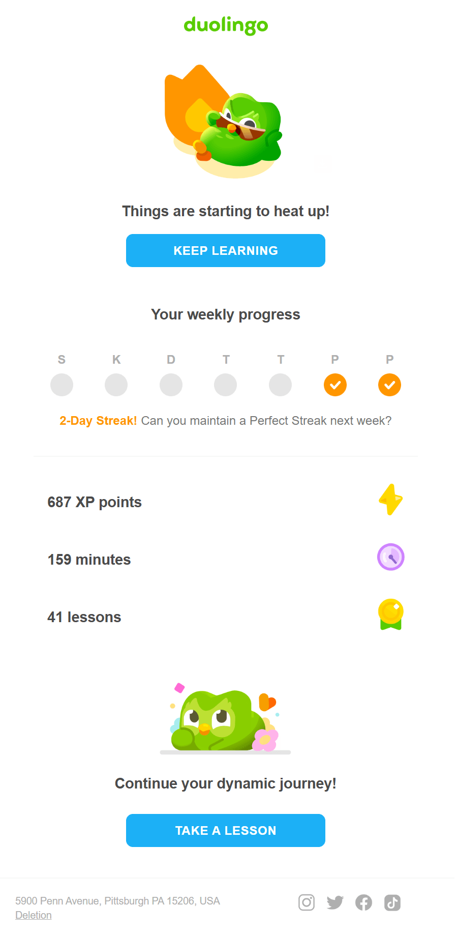 An image of a weekly progress email by Duolingo showing an illustration of their owl mascot, a daily streak tracking chart, language learning statistics, and a CTA prompting the subscriber to keep learning.