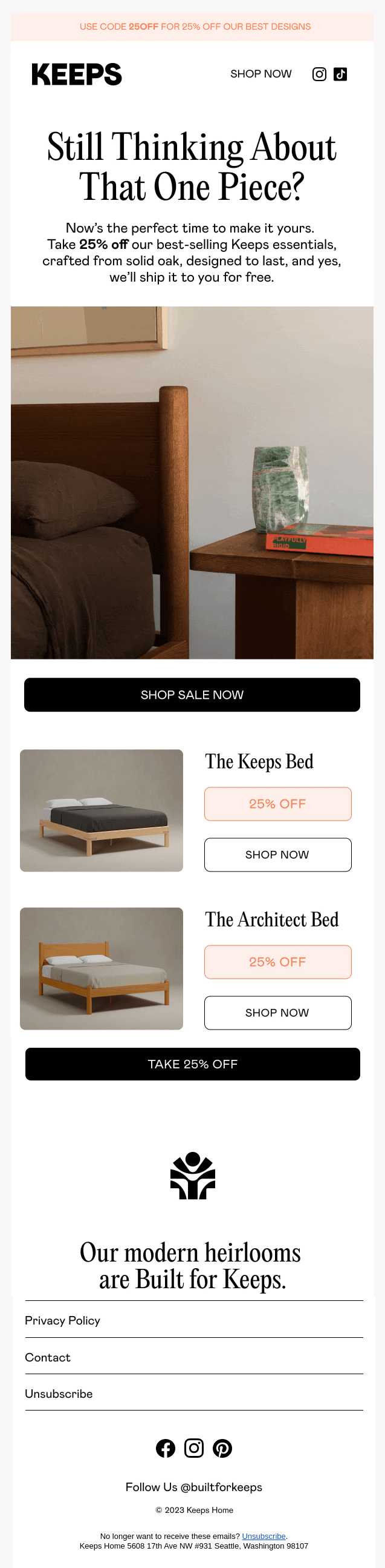 This abandoned cart email example by Keeps shows a ca wooden headboard and nightstand alongside minimalist solid oak bed frames and corresponding purchase CTAs.
