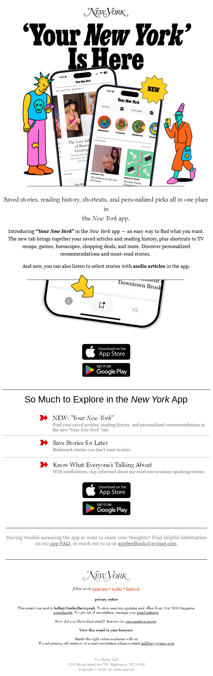 A screenshot of an announcement email from New York Magazine showing images of the mobile app interface alongside colorful illustrations.