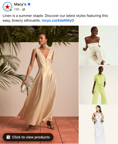 A Macy's social media post that features four photos of women modeling linen clothing.
