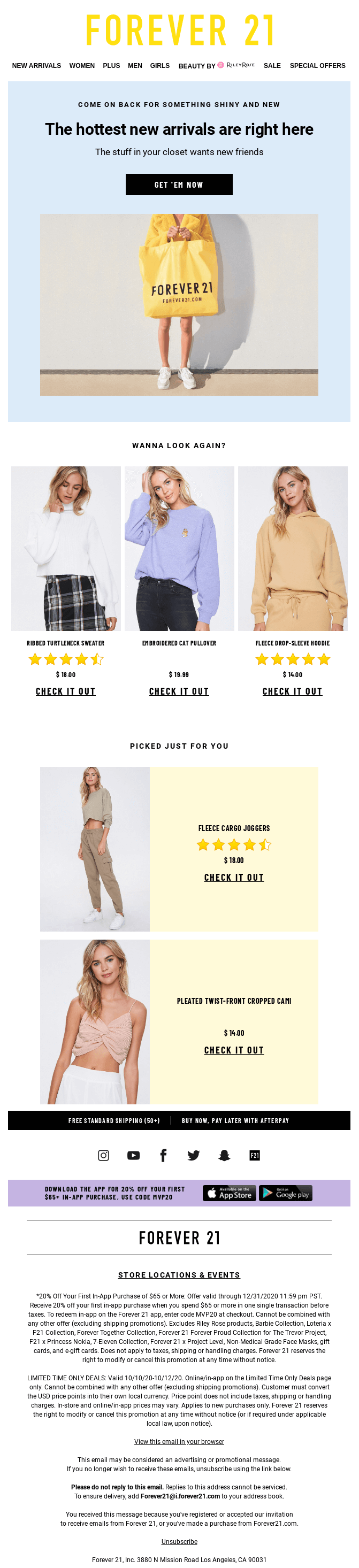 This is a screenshot of a promotion email example by Forever 21 showing a person holding a yellow shopping bag and a collection of women's apparel items.