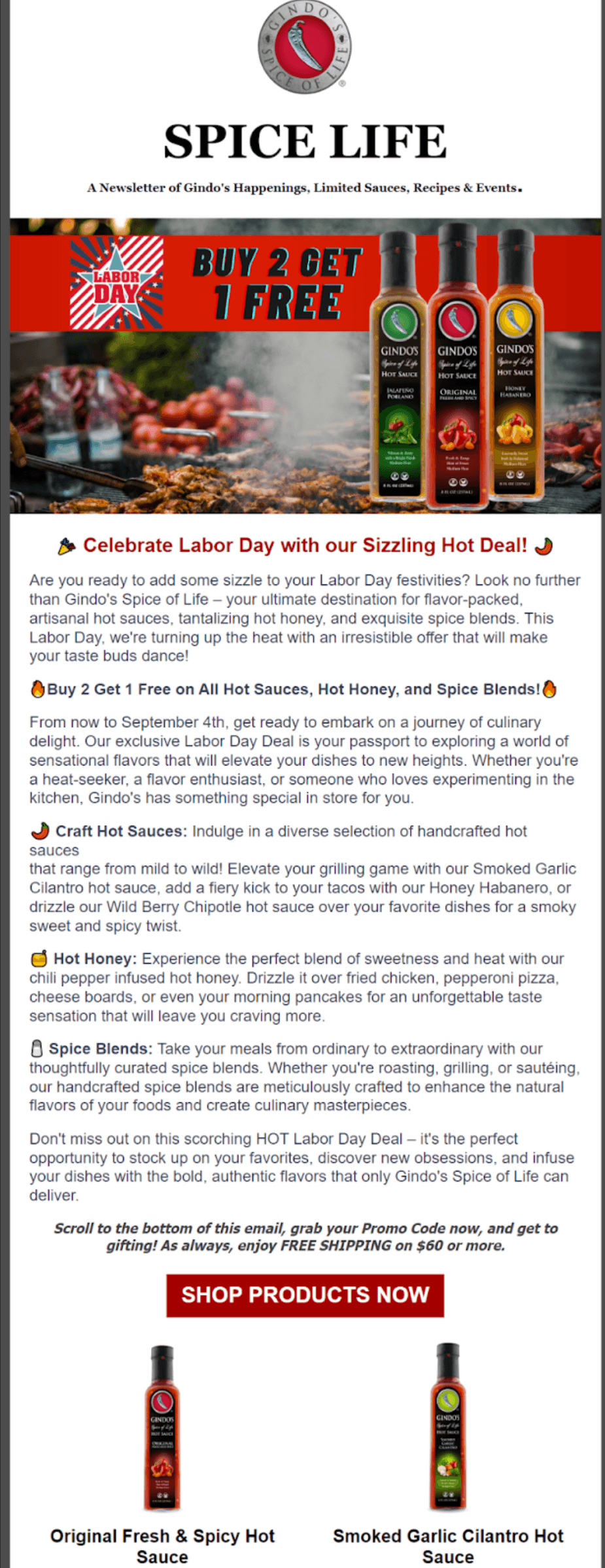 This image is a Labor Day promotional newsletter showing bottles of hot sauce and food cooking on a grill by Gindo's Spice of Life alongside a CTA to purchase the products.