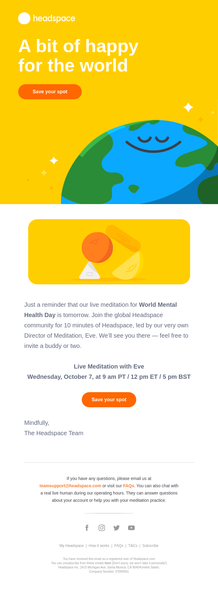 A screenshot of a reminder email by Headspace for their World Mental Health Day live meditation with a illustration of a smiling planet Earth. The email invites recipients to register through an actionable CTA.