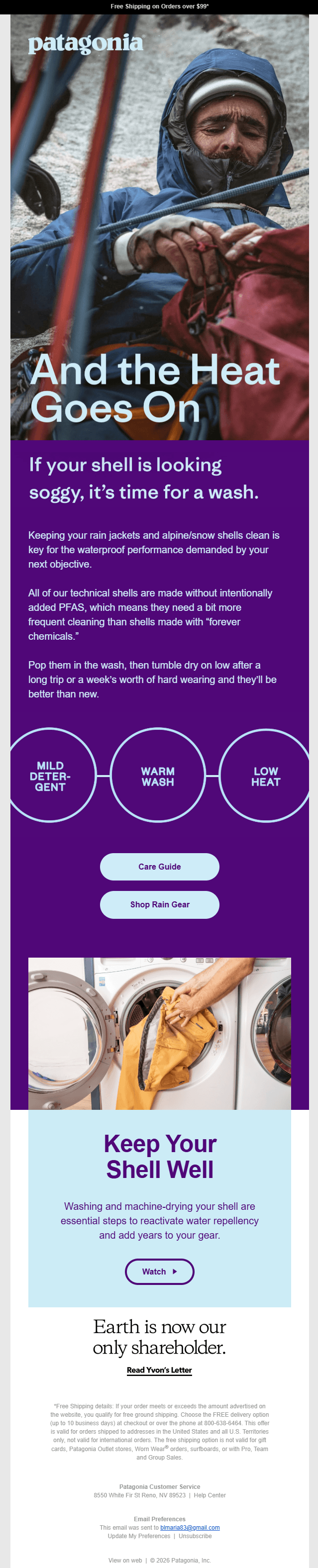 This image is an educational newsletter email by Patagonia showing an alpine climber on a rocky cliff side and a rain jacket being loaded into a washing machine by Patagonia. They also include two CTAs to read the care guide or shop rain gear.