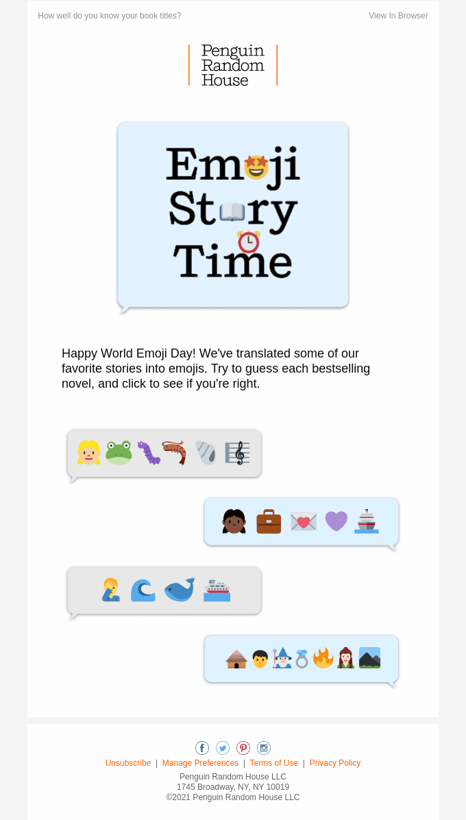 This image is a World Emoji Day newsletter showing an "Emoji Story Time" title graphic and emoji book riddles by Penguin Random House. They also invite subscribers to guess the titles and click to see if they were right.