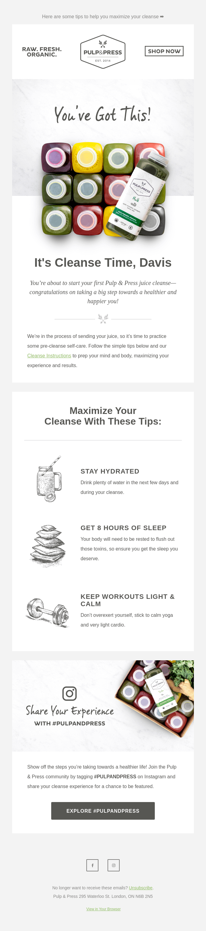 A screenshot of a post-purchase email by Pulp & Press showing a grid of bottled juices and a list of healthy tip illustrations. 