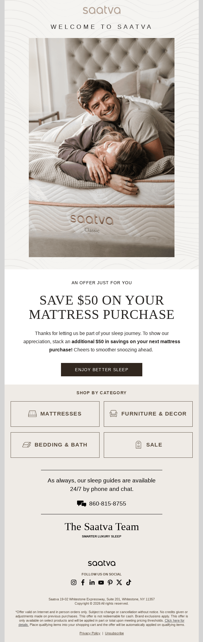 A screenshot of a welcome email campaign with a smiling couple lying on a Saatva mattress and popular product categories.