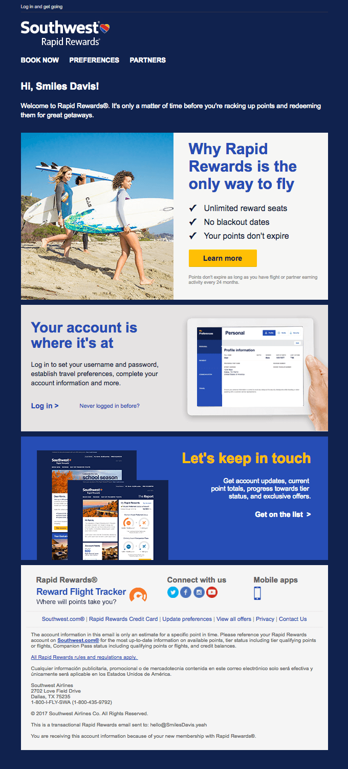 This image is a loyalty program welcome email by Southwest Airlines showing people carrying surfboards on a beach alongside a list of perks and a CTA to learn more. There's also an image of a tablet displaying an account profile page while the footer displays more options to connect.