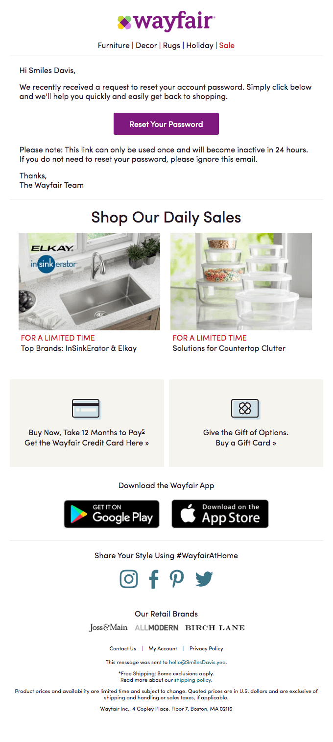 A screenshot of an email marketing example by Wayfair with a password reset CTA alongside images of a stainless steel kitchen sink and glass storage containers.