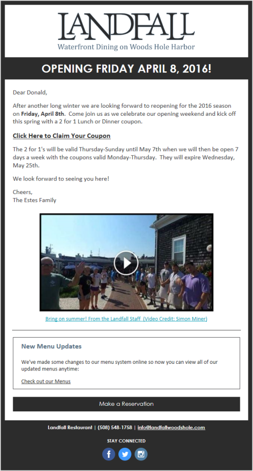 Landfall restaurant opening day email 1
