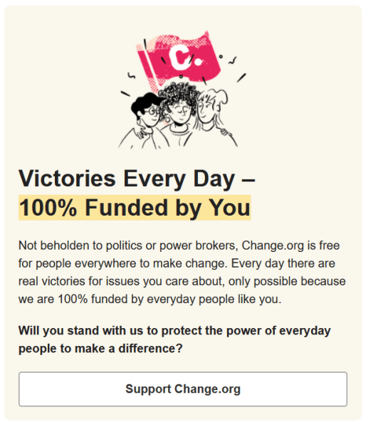 A donation request email from Change.org highlighting donor impact.