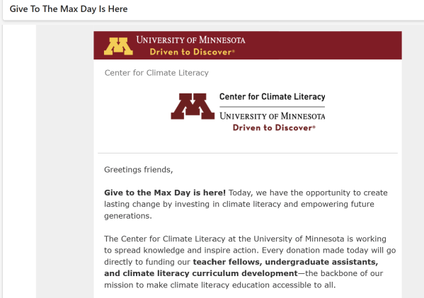 A University of Minnesota Center for Climate Literacy fundraising email for Give To the Max Day.