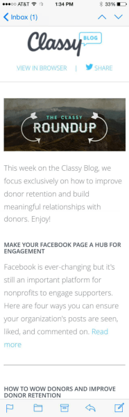 A weekly newsletter from the Classy blog that has been optimized for mobile, featuring adaptive text and images and clickable links.