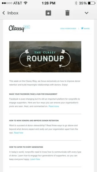 A weekly newsletter from Classy blog that has not been optimized for mobile