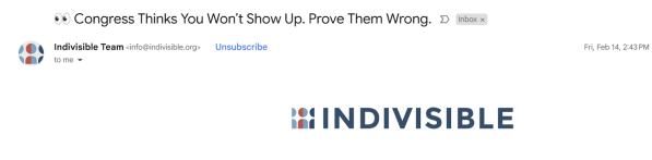 A fundraising email subject line frm Indivisible challenging the reader to donate.